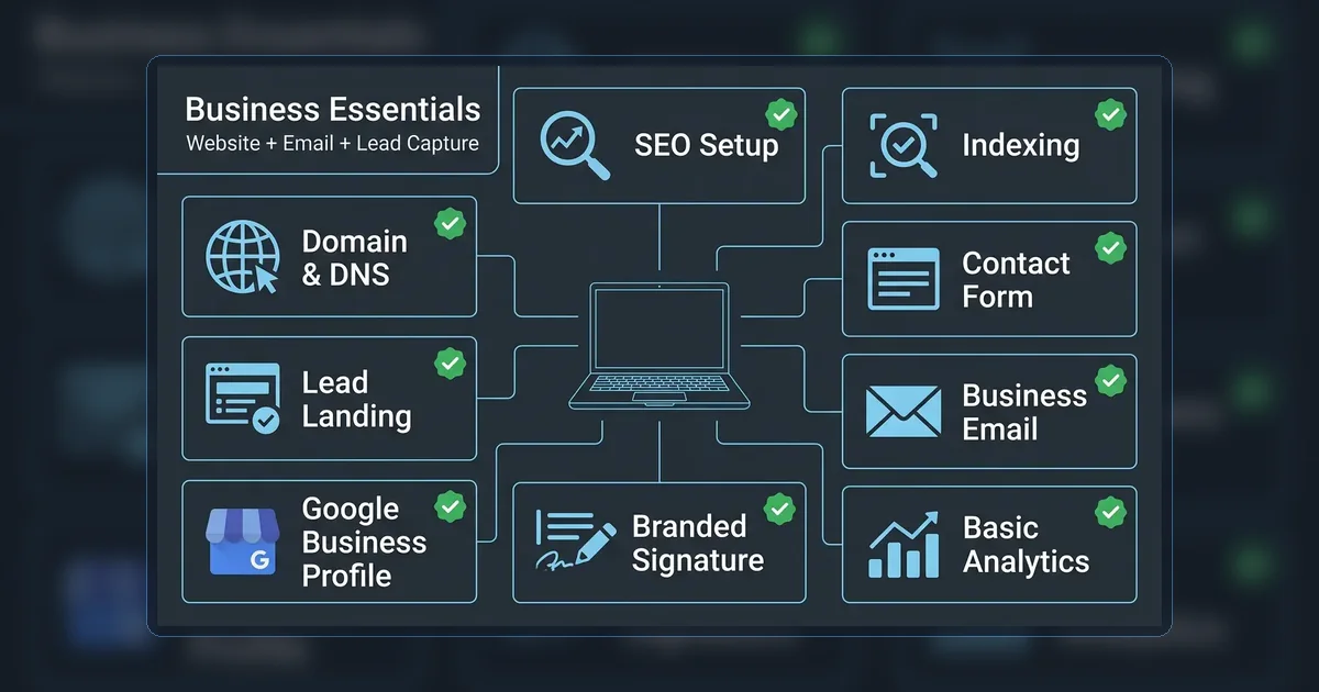 Business Essentials: website, email, lead capture, SEO, and analytics included